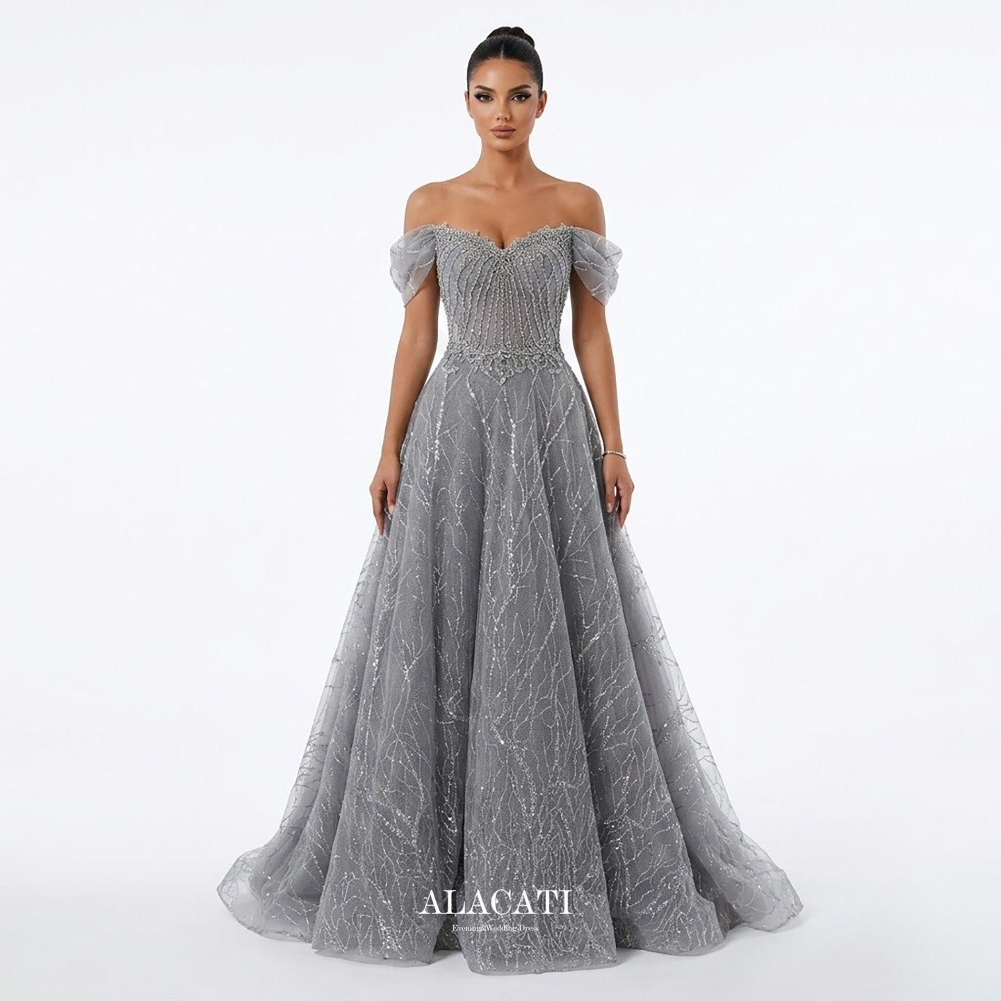 Alacati外贸高端灰色一字肩高腰遮肚显瘦A摆晚礼服女晚宴选美出口