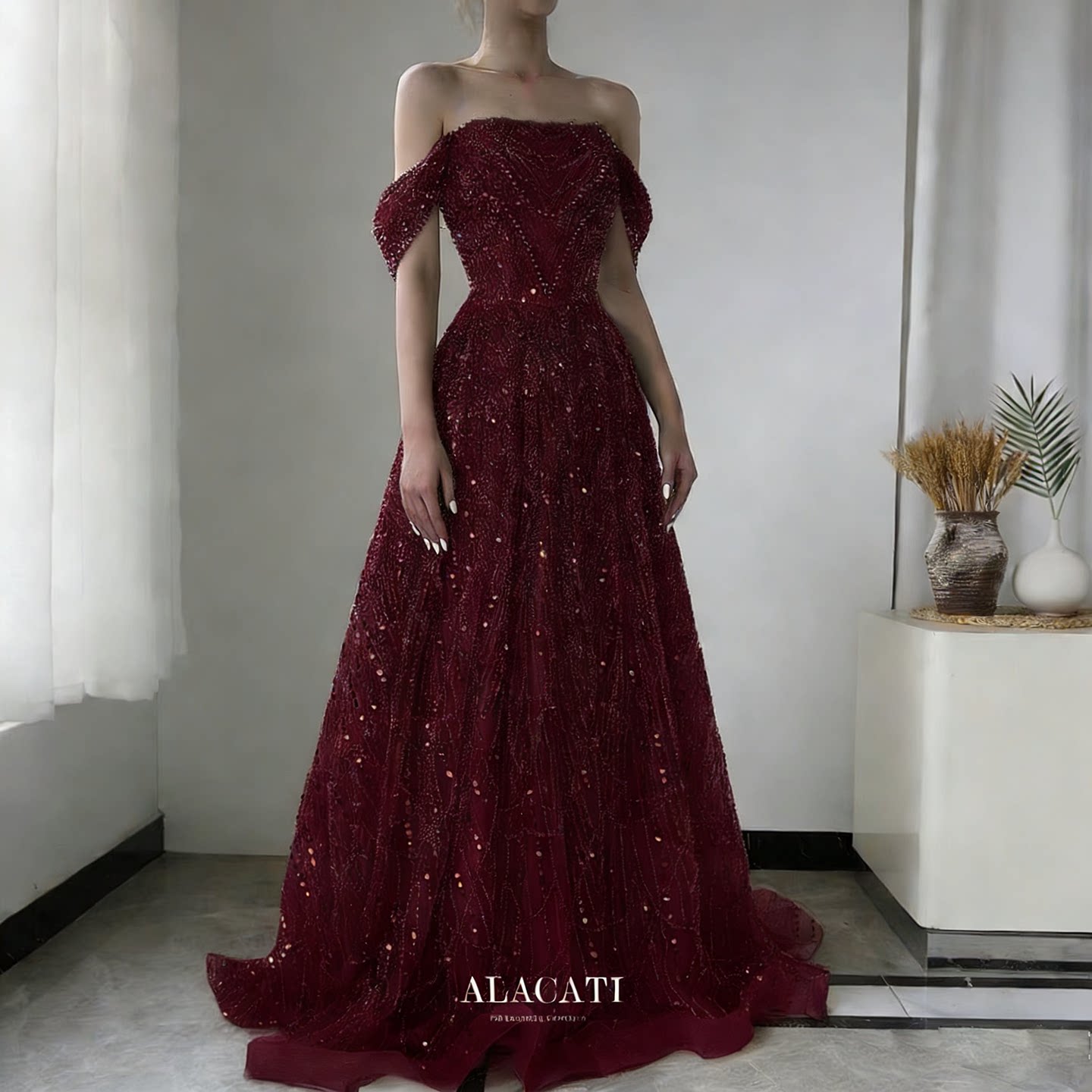 Alacati外贸高端时尚一字肩高腰遮肚显瘦A摆晚礼服女年会晚宴出口