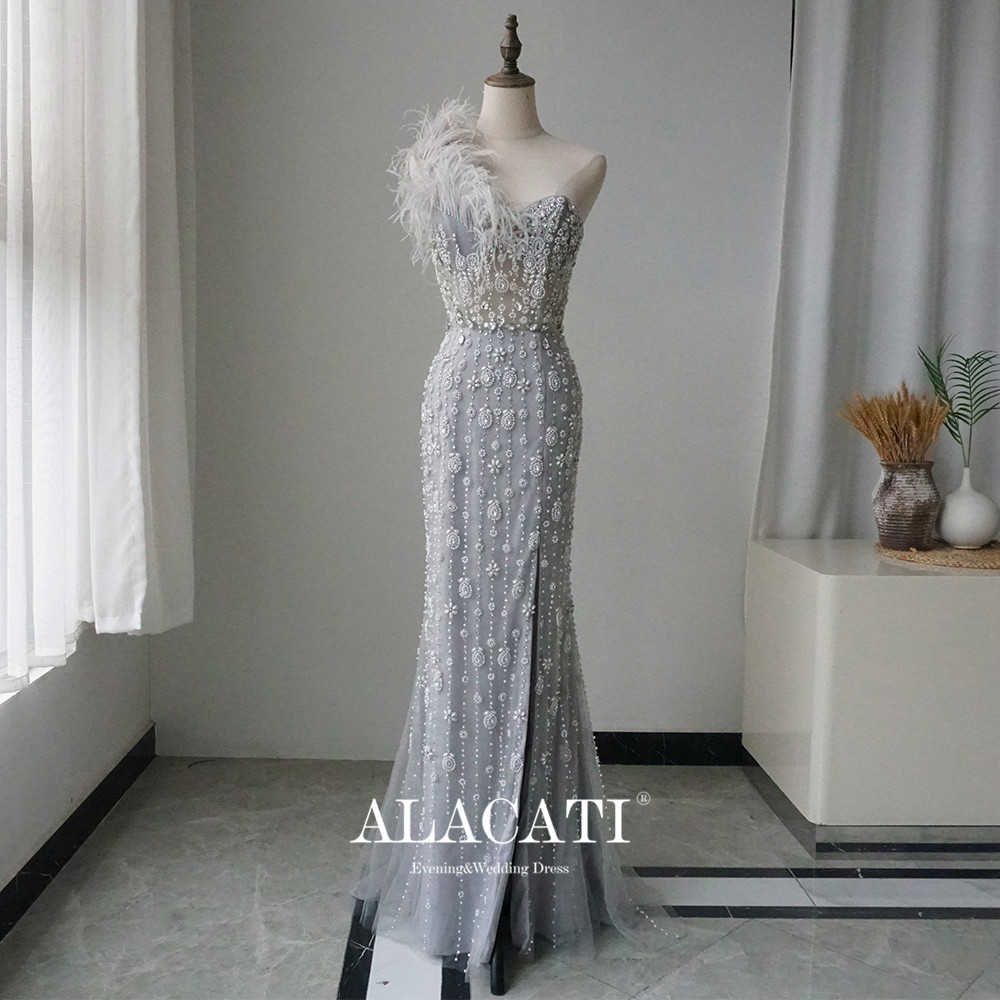 Alacati 高端奢华时尚羽毛性感单肩鱼尾晚礼服年会名媛晚宴演出口