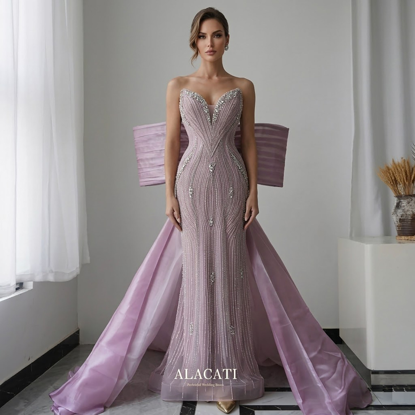 Alacati 高端奢华重工蝴蝶结性感抹胸鱼尾晚礼服晚宴多穿出口外贸