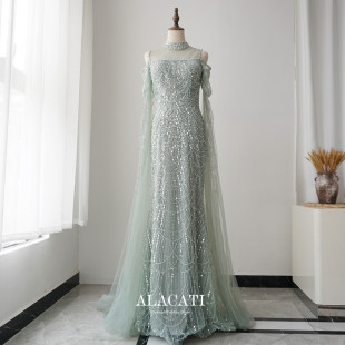 高端奢华重工水袖 高腰显瘦鱼尾立领晚礼服年会名媛晚宴演出口中东