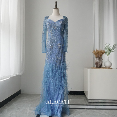 Alacati出口中东奢华鱼尾长袖显瘦晚礼服女绣珠羽毛evening dress