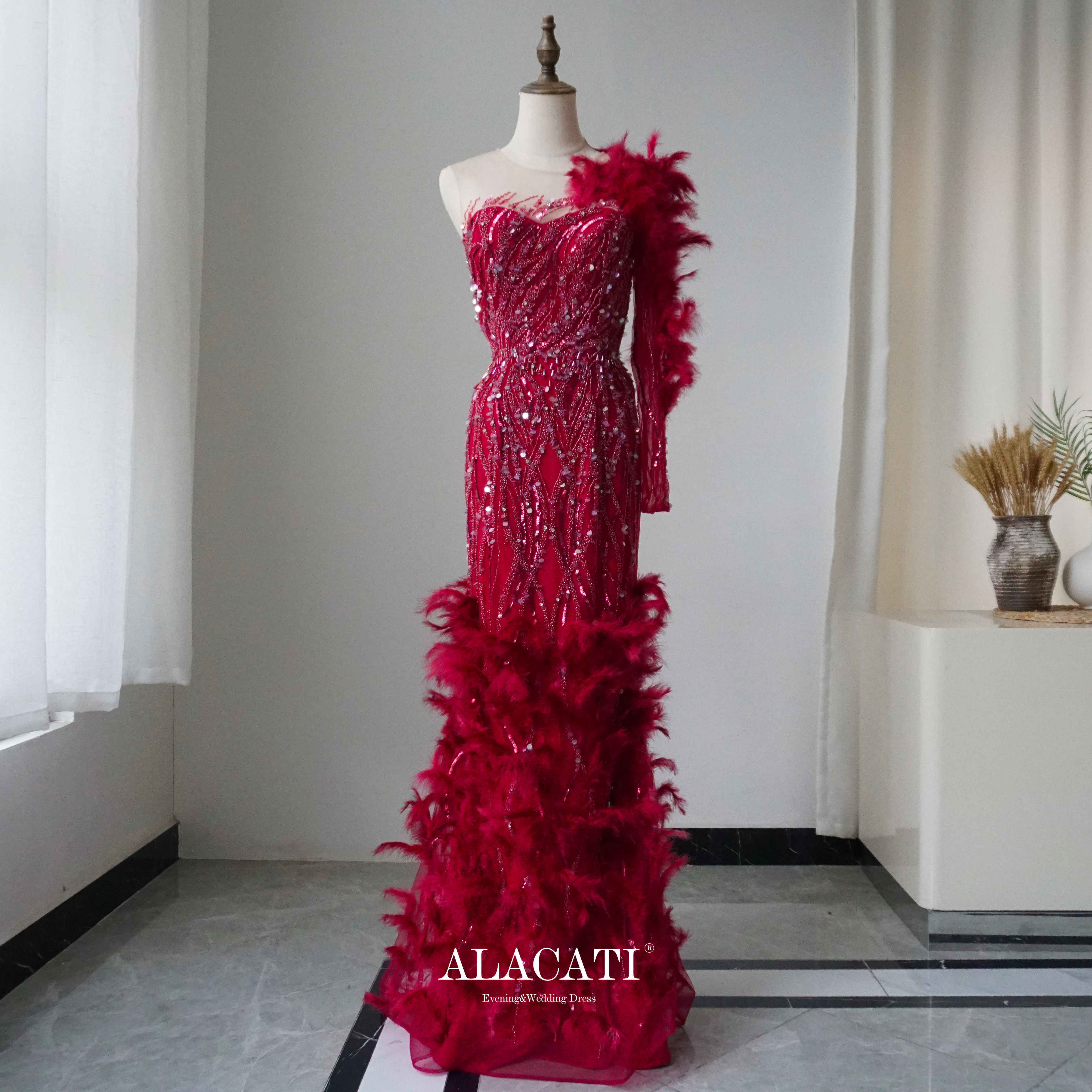 Alacati 出口奢华重工绣珠羽毛单边长袖高腰显瘦鱼尾晚礼服晚宴新