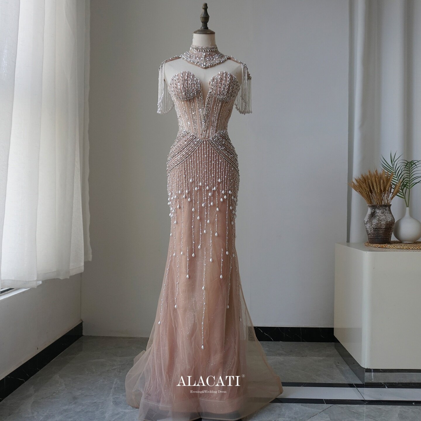 Alacati 外贸奢华重工时尚性感抹胸披肩显瘦鱼尾晚礼服女晚宴年会