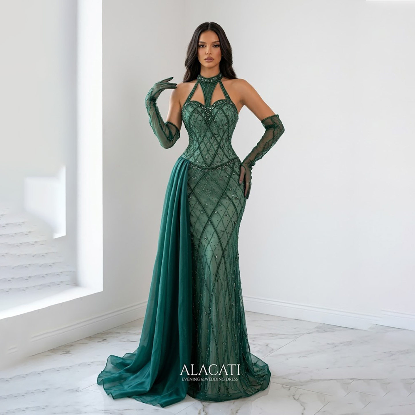 Alacati 新高端奢华绿色挂脖鱼尾晚礼服女显瘦演出口欧美名媛晚宴