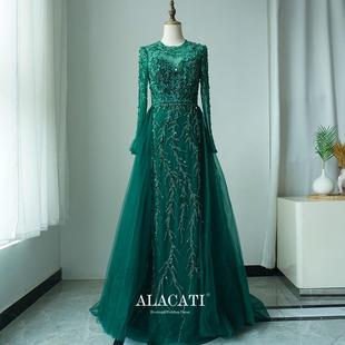 出口外贸高端奢华重工长袖拖尾鱼尾显瘦晚礼服年会名媛晚宴 party