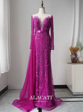 2024新品紫色高端奢华优雅长袖鱼尾晚礼服气质主持人演出名媛晚宴