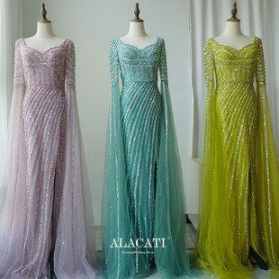 外贸新款 优雅高腰显瘦晚礼服女年会名媛晚宴演出 高端奢华重工水袖