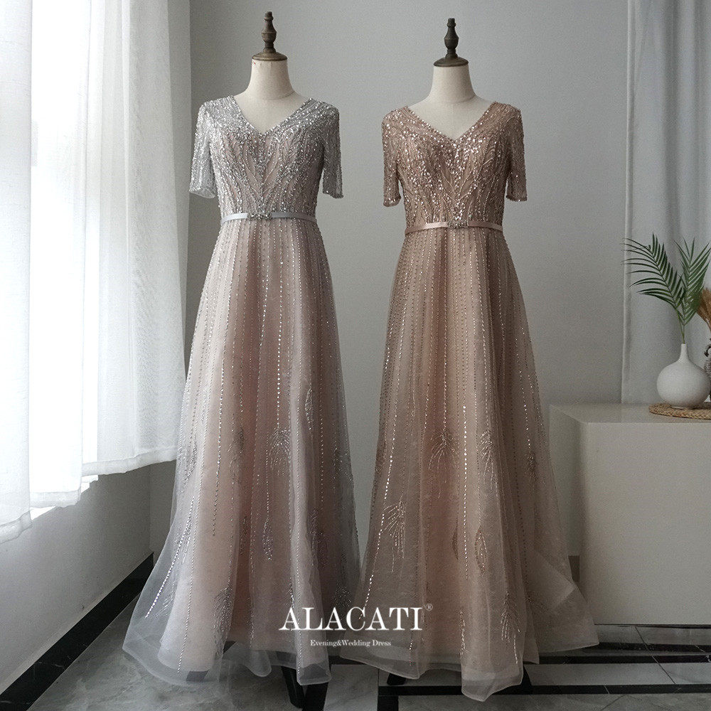 alacati2025年新款短袖V领高腰显瘦长款齐地晚礼服女晚宴年会演出