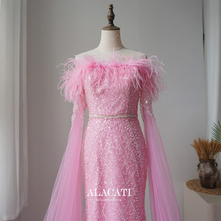 高端奢华羽毛重工显瘦鱼尾粉色水袖 晚礼服年会名媛晚宴演出口中东