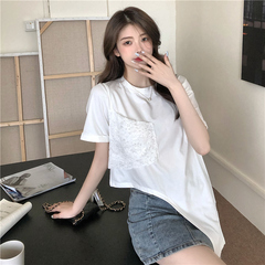 South Korea dongdamen women's new spring and summer round neck irregular stitching pleated short sleeve T-shirt