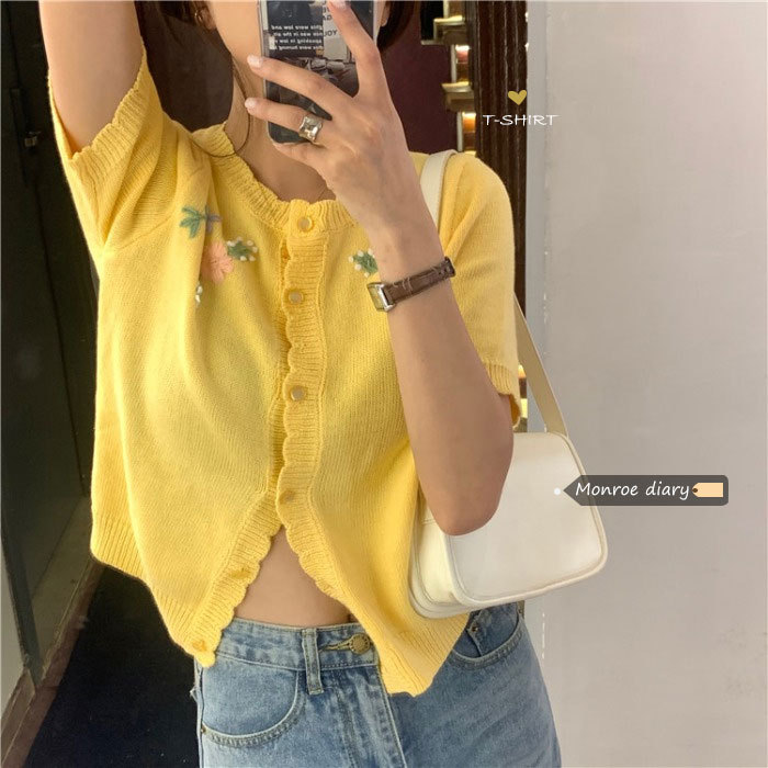 Retro short sleeve thin knitted cardigan for women