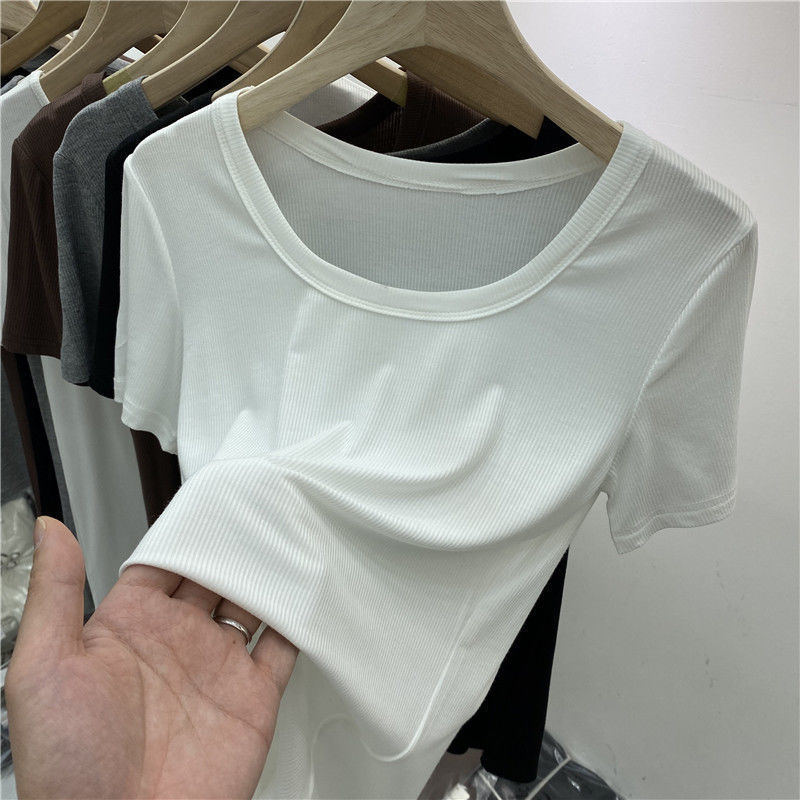 Official figure low round neck threaded short sleeve T-shirt women's summer new versatile underclothing