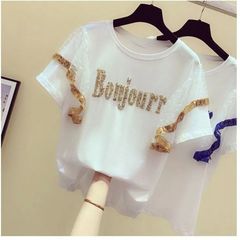 Official picture real price fake two short sleeve T-shirt women loose Korean Sequin embroidery mesh stitching top
