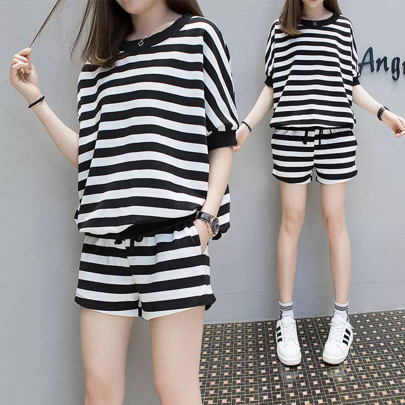 Summer women's fashion Korean stripe short sleeve loose casual sportswear Short Pants Set women's two piece set