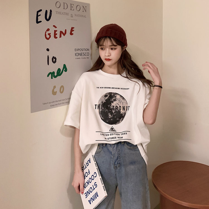 Double ground milk silk summer new fashion short sleeve student lazy printing medium length T-shirt