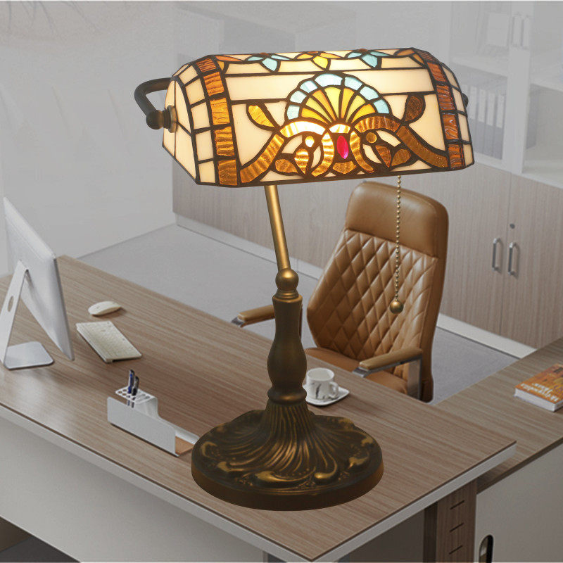 新款地中海巴洛克欧式复古书房客厅台灯卧室床头老上海银行灯玻璃