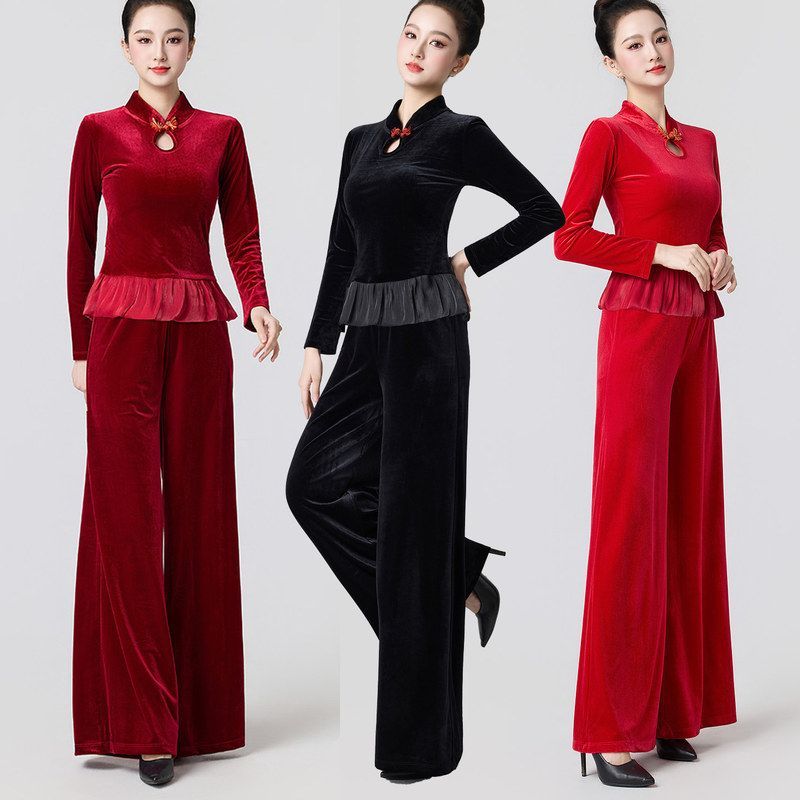 秋冬新款丝绒广场舞舞蹈服套装女长袖长裤加厚形体训练功服导师服
