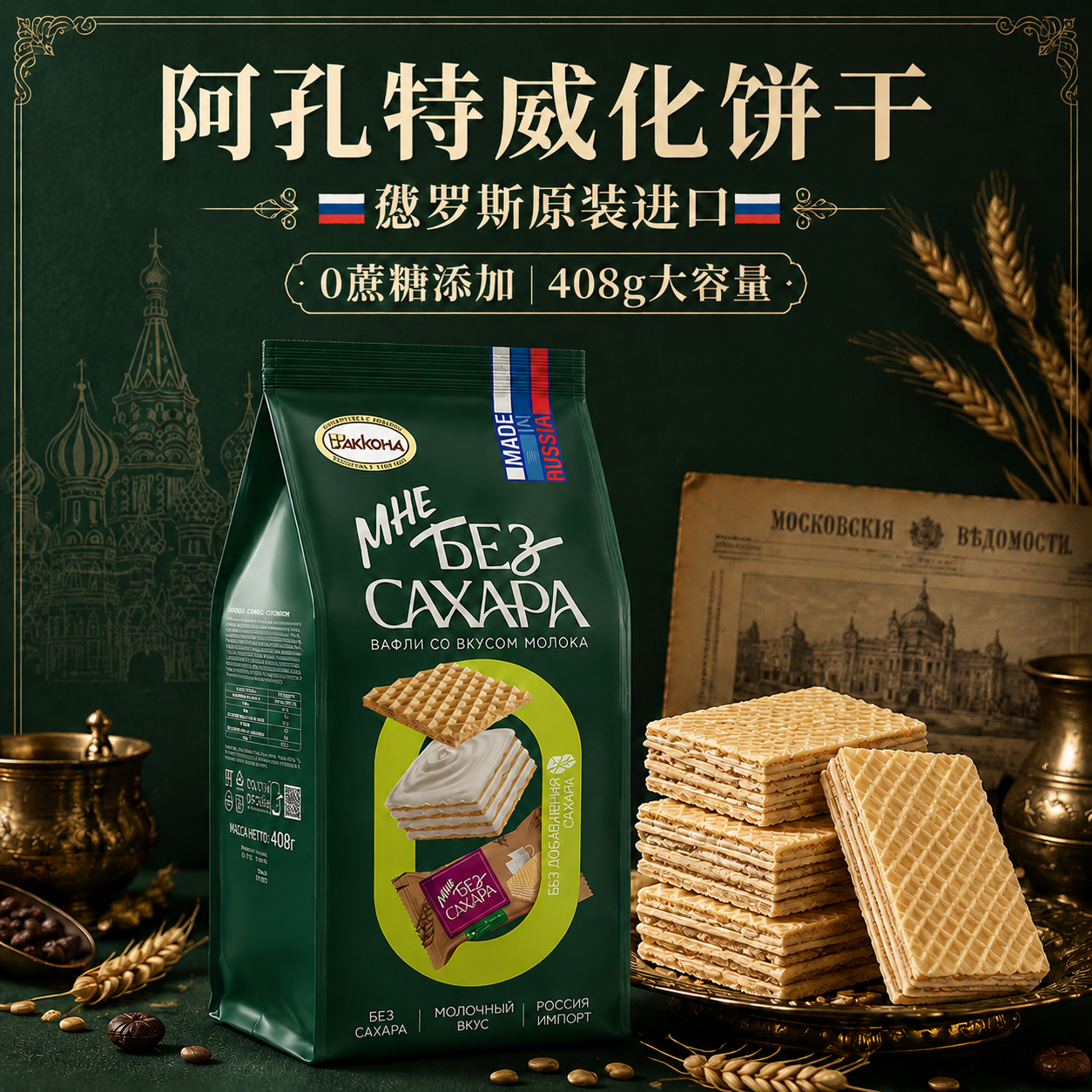 俄罗斯进口阿孔特无蔗糖威化饼干纯可可牛奶网红休闲零食健身食品