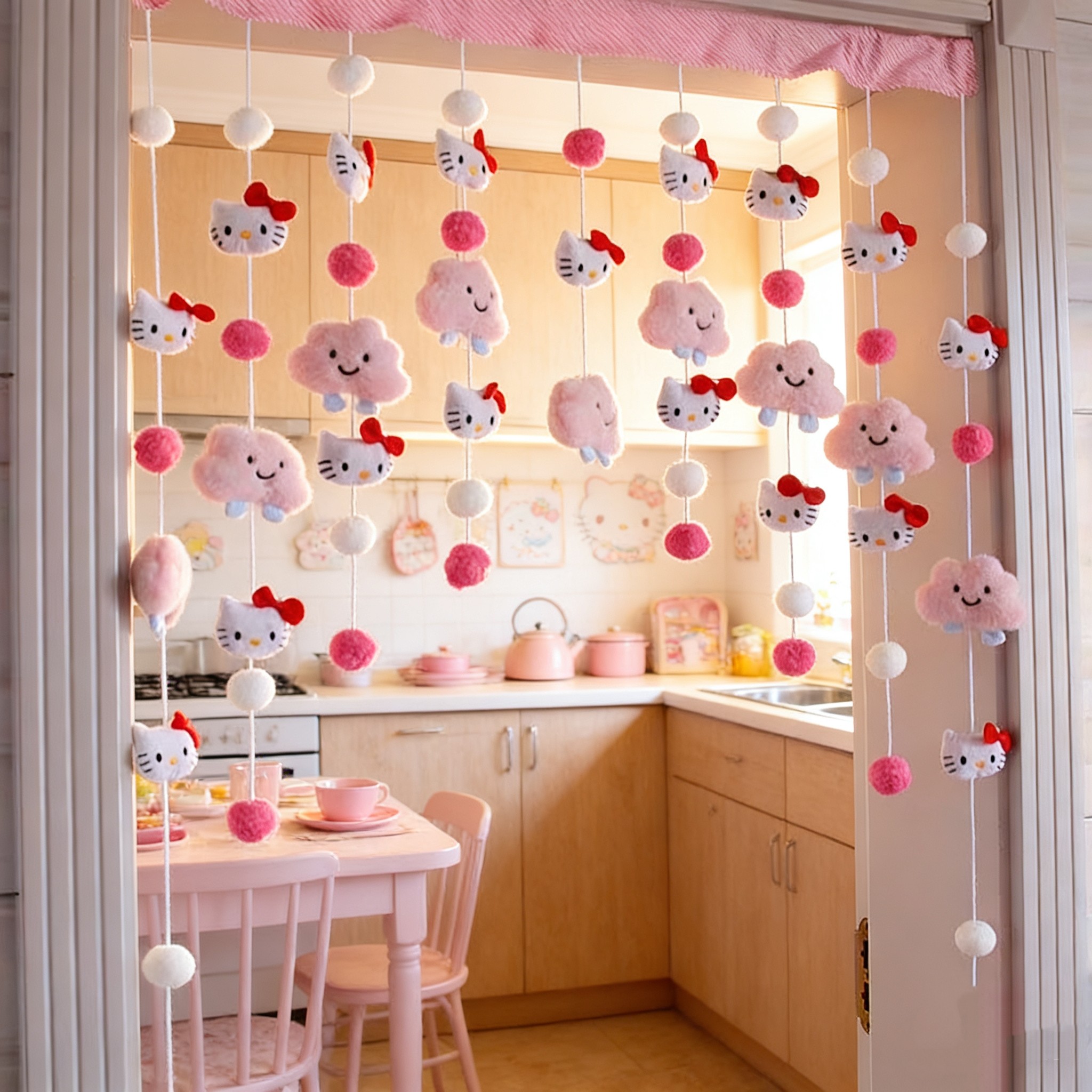 卡通可爱门帘卧室家用隔断帘免打孔云朵Kitty装饰阳台玄关吊饰