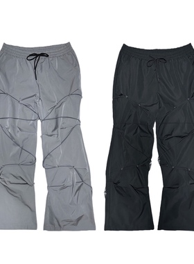 C7铆钉绑带裤 机能3D褶皱堆叠微喇叭vibe非kiko PAF