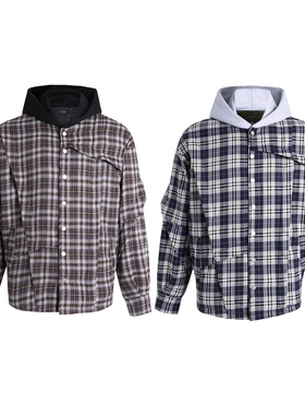 C7解构连帽衬衫秋冬加厚格子长袖外套复古潮流夹棉上衣廓形宽松男