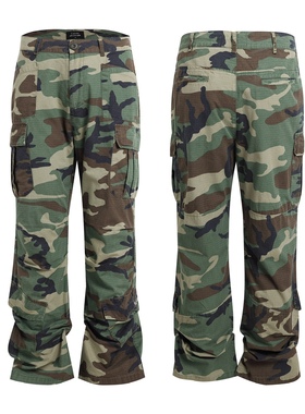 Cseven迷彩cargo pants水洗做旧喇叭多袋工装裤双褶宽松伞兵裤男