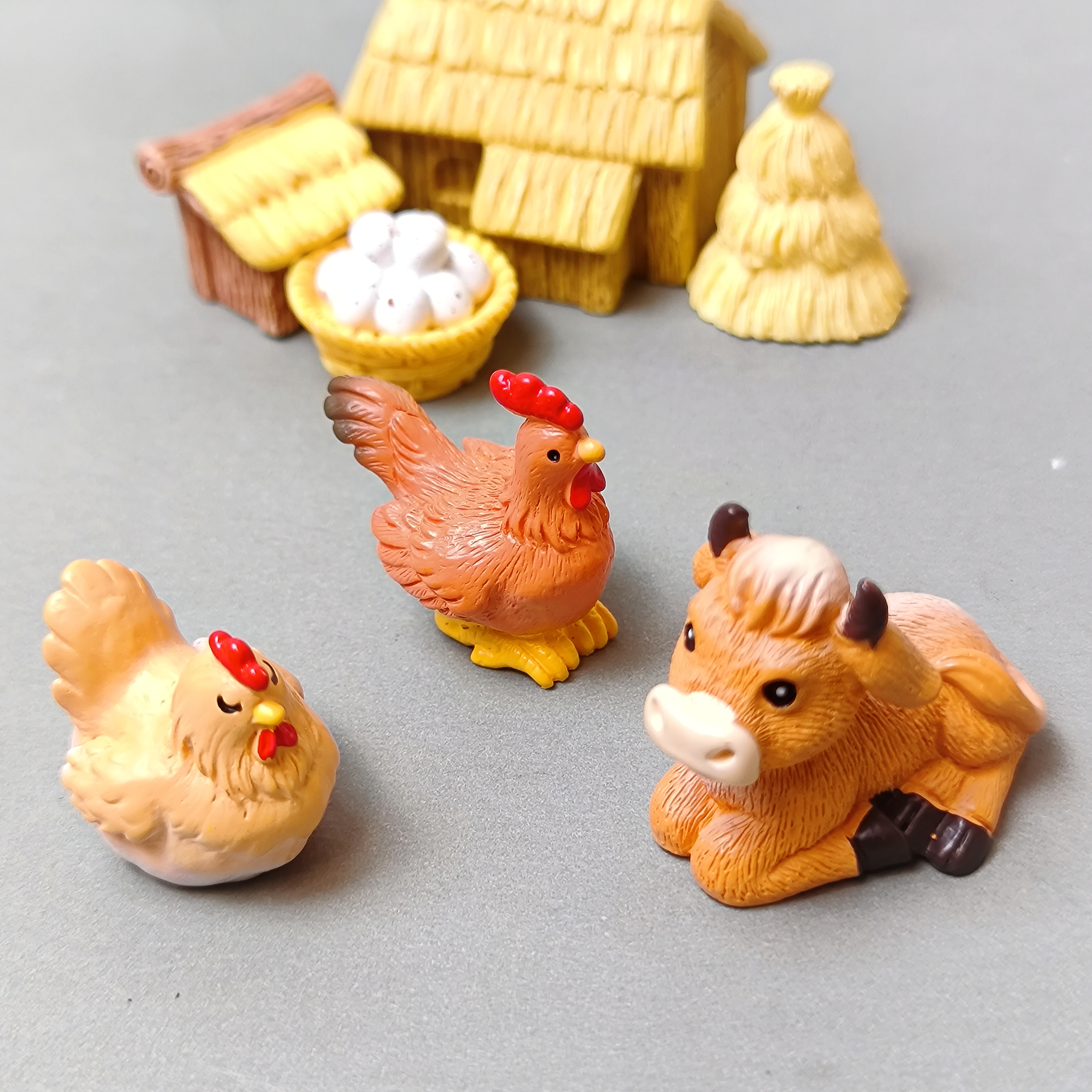 微景观仿真小牛小猪母鸡动物公仔摆件开心农场装饰品桌面车载摆件