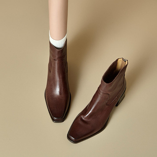 ins绝美自留！暴走不累~水染头层牛皮复古方头短靴女粗高跟瘦瘦靴