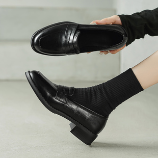 ins巨软巨好穿！头层牛皮~圆头一脚蹬乐福鞋女中跟粗跟通勤小皮鞋