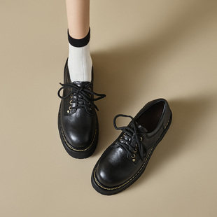 ins软软！巨轻巨好穿~头层牛皮圆头厚底乐福鞋女中跟系带小皮鞋软