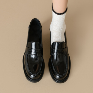 ins重磅推荐！巨好穿~真皮圆头一脚蹬乐福鞋女中跟通勤小皮鞋粗跟