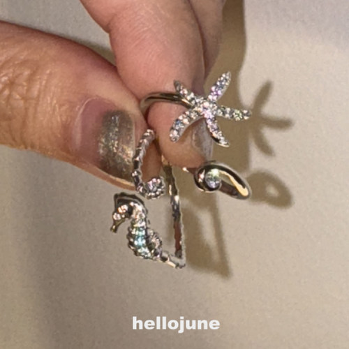 hellojune S925银 海洋纯银戒指 满钻海星 海马 开口戒 指环