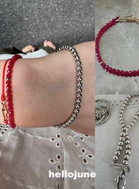 hellojune s925银圆珠手链实验室培育RUBY红宝石番石榴色手串手链