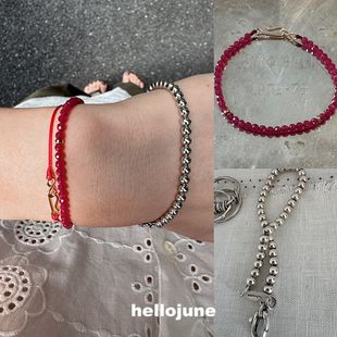 hellojune s925银圆珠手链实验室培育RUBY红宝石番石榴色手串手链