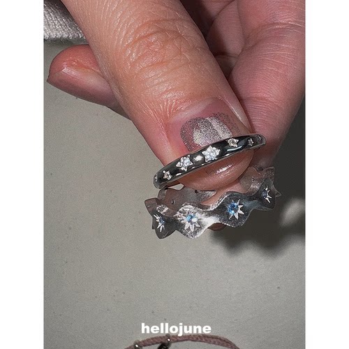 hellojune s925 纯银星芒光轮系列星光戒 波浪小众星光蓝开口银戒