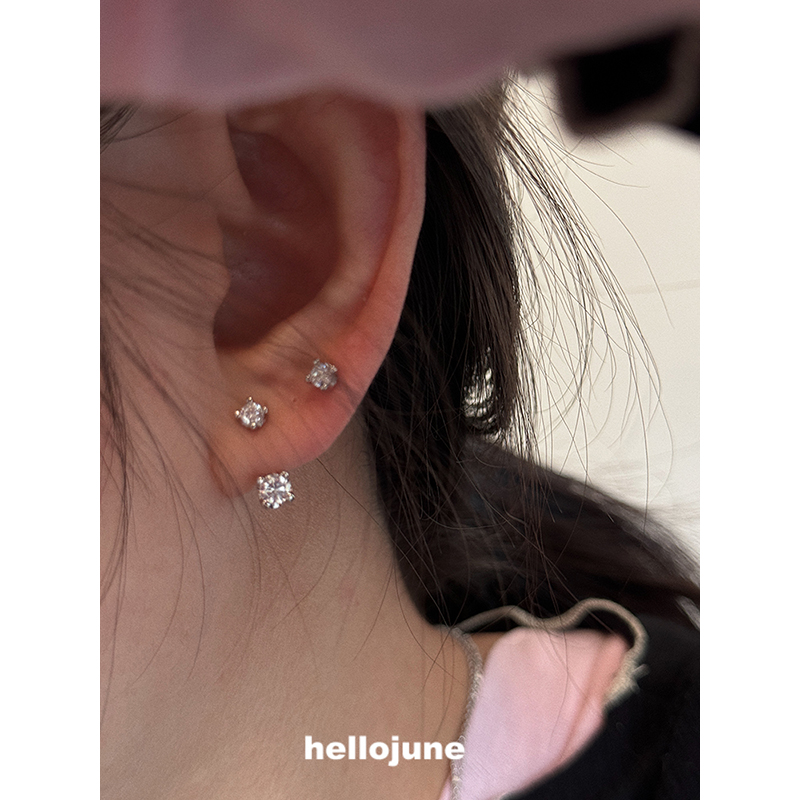 hellojune s925通体925银 后挂式双锆石耳环 通勤氛围感精致圆钻