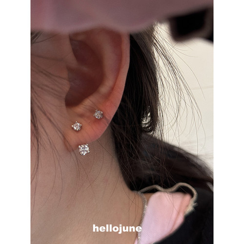 hellojune s925通体925银 后挂式双钻耳环 通勤氛围感精致圆钻