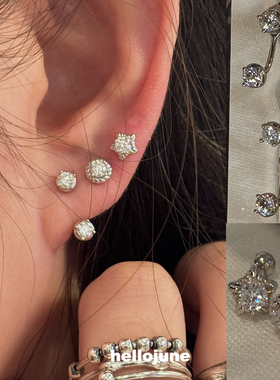 hellojune 通体925银 闪耀莫桑钻小圆豆后挂式双钻耳钉圣诞星耳钉