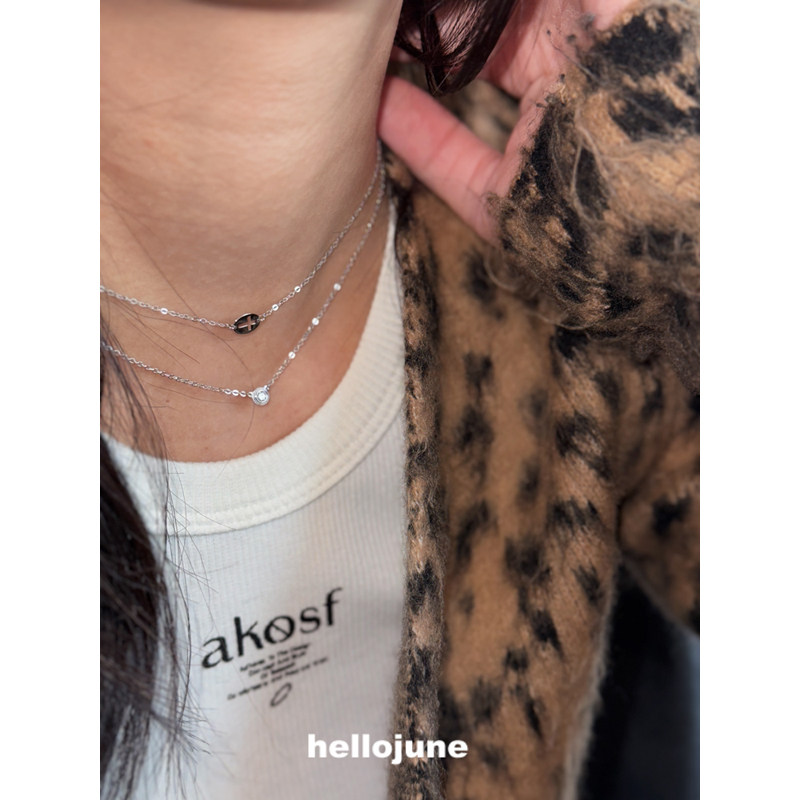 hellojune S925银 椭圆牌十字颈链 迷你飞碟圆钻锁骨链