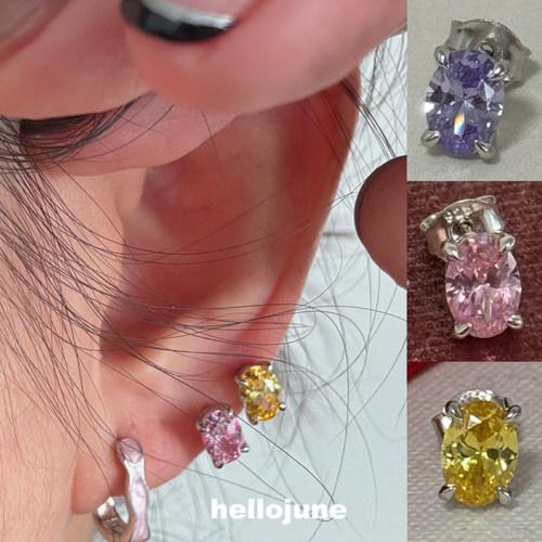 hellojune 通体925银 粉色椭圆单钻彩色蛋面耳钉钱多多黄色紫色