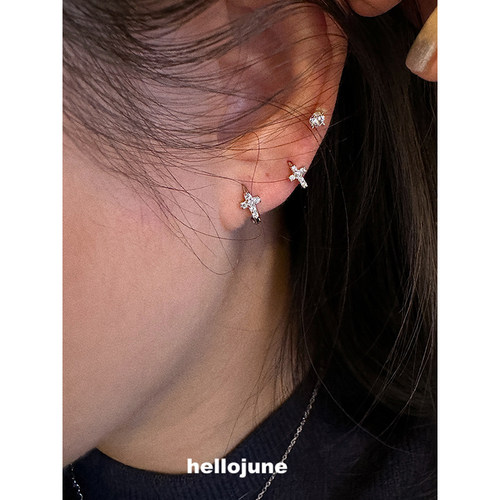 hellojune s925银 精巧满钻迷你十字耳圈 日系边缘耳洞耳骨环