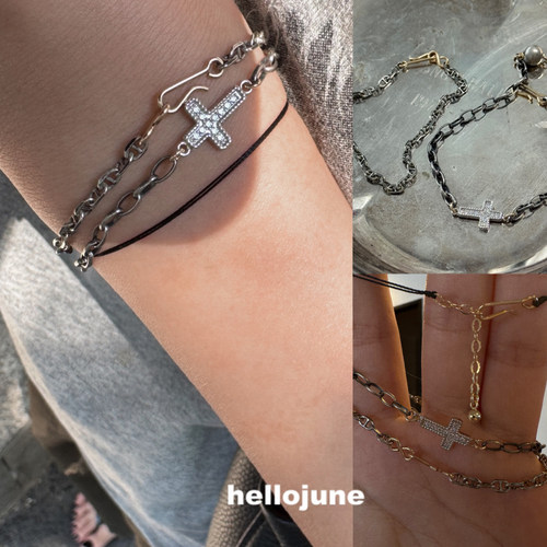 hellojune s925银做旧链条手链 满钻十字手链 复古猪鼻素链