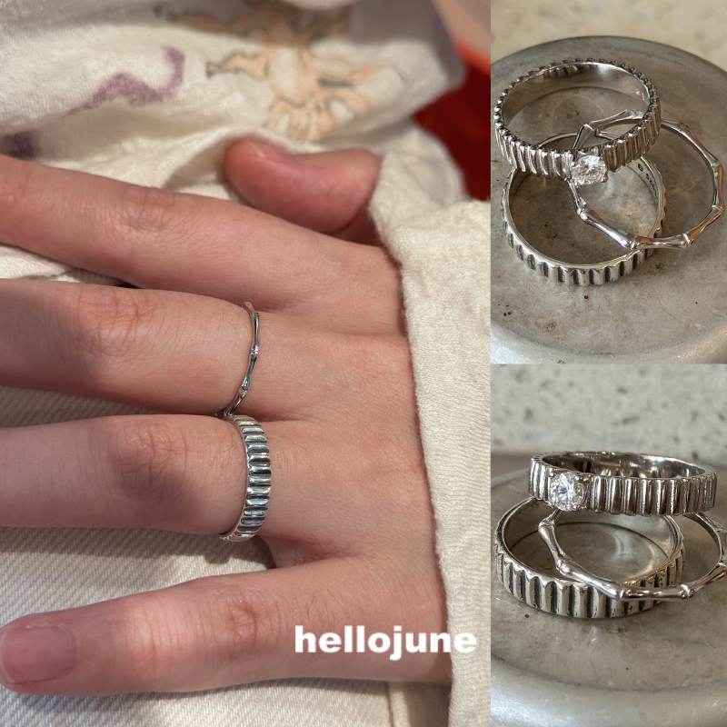 hellojune S925银 复古做旧竹节戒指叠戴齿轮宽戒