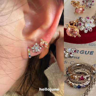hellojune 925银 马年花花耳钉氛围感彩虹耳圈丘比特之箭多耳洞