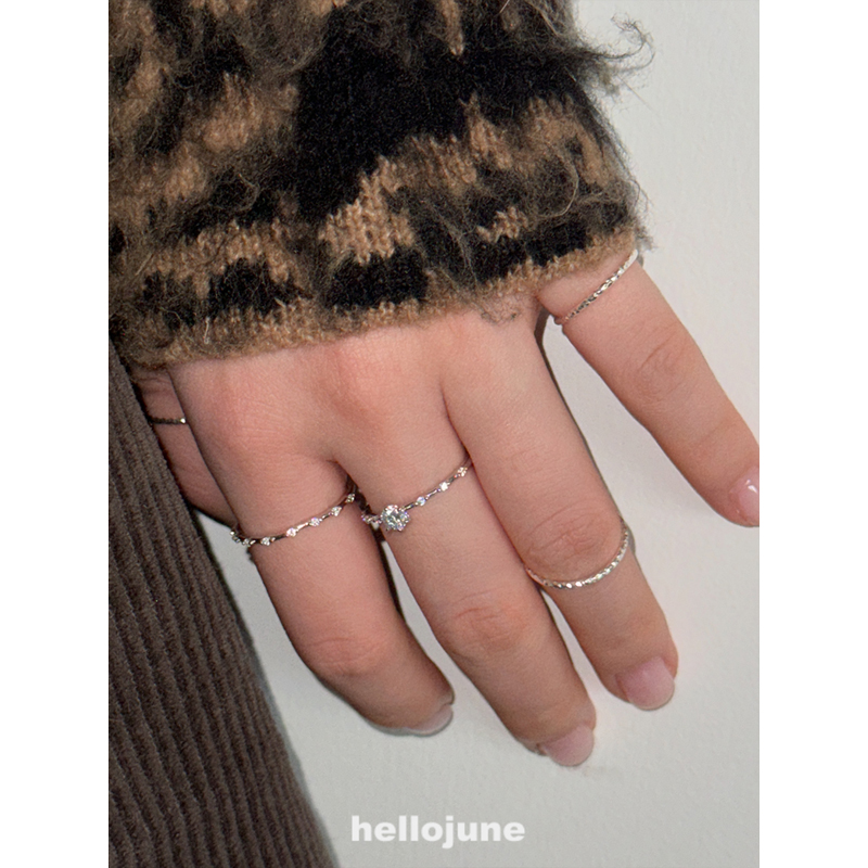 hellojune s925 迷你复古精工微镶莫桑钻满天星极细戒指 叠戴细戒