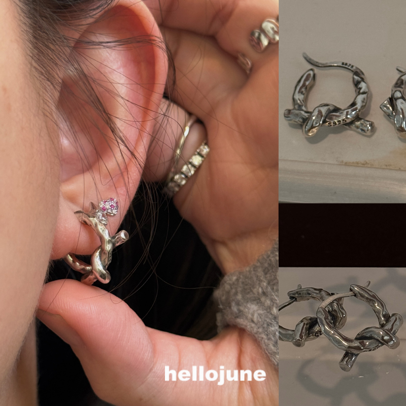 hellojune 通体925银 复古做旧银饰 打结绳结耳环
