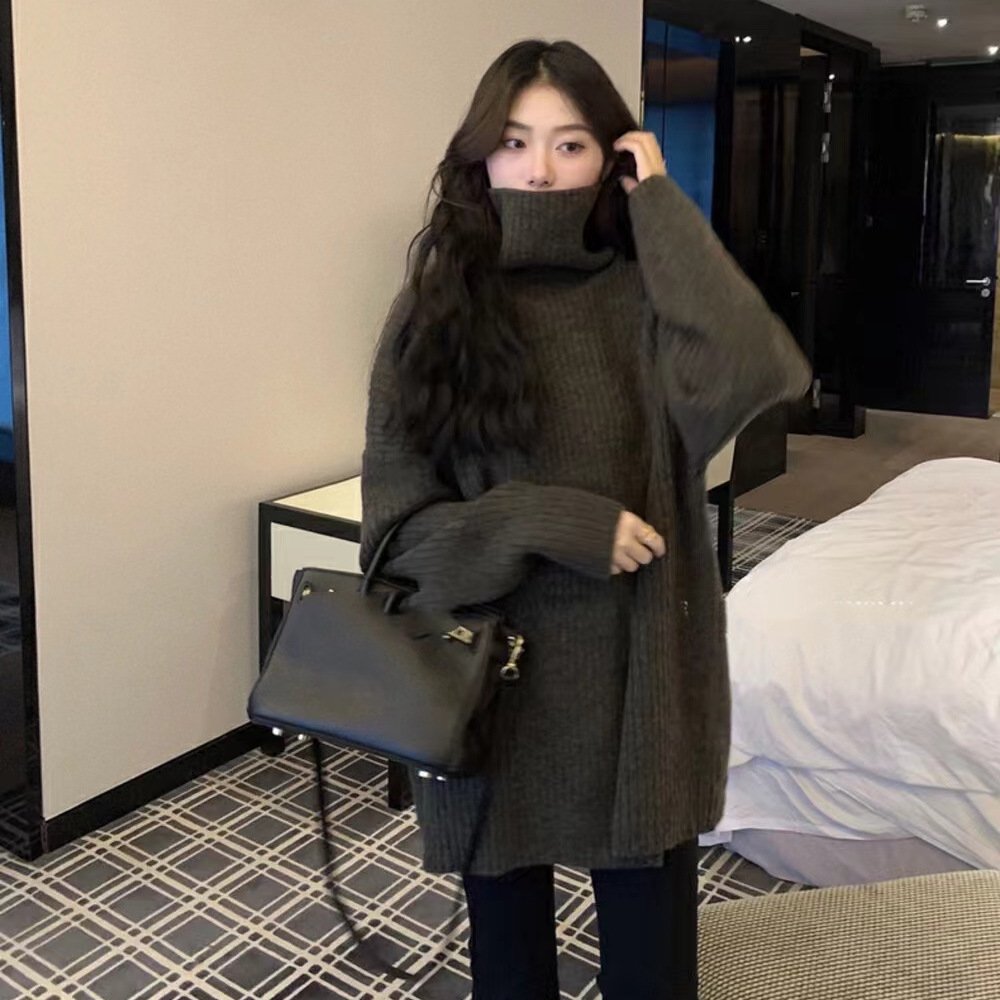 日韩软糯高领套头毛衣女秋冬新款外穿宽松慵懒风中长款内搭针织衫