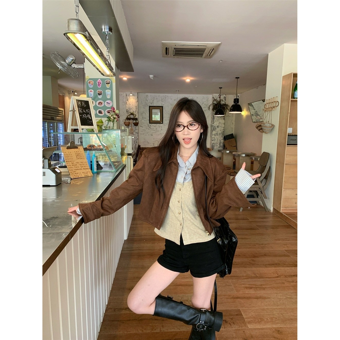 日韩美拉德套装假两件条纹衬衫女秋季咖色麂皮绒外套夹克短上衣两