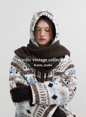 日韩Letm Snowy冰川雪人花纹费尔岛仿羊羔毛棉服夹棉短外套棉衣女